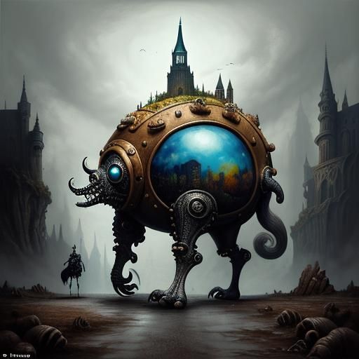 Surreal Distorted Figure Walks to Distant Castle