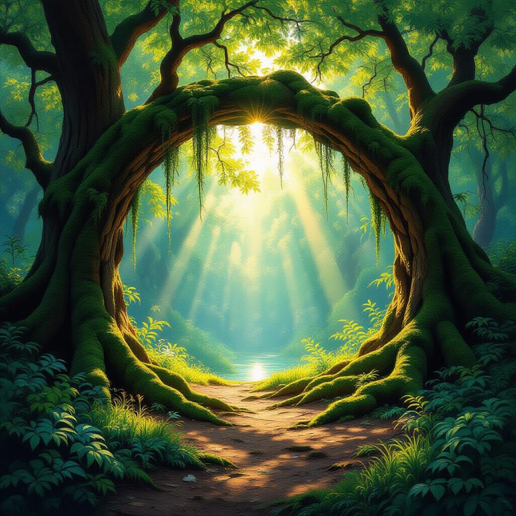 Mystical Forest Portal Shimmers with Iridescent Light