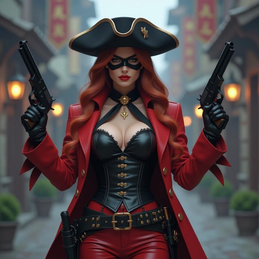 Red-Haired Woman Gunslinger in Dark Fantasy Style