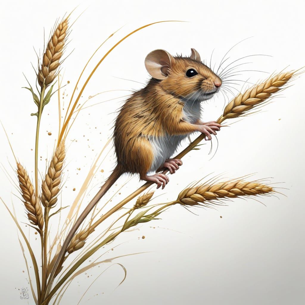 Enchanting Harvest Mouse Ascends Wheat Stalk in Whimsical Ar...