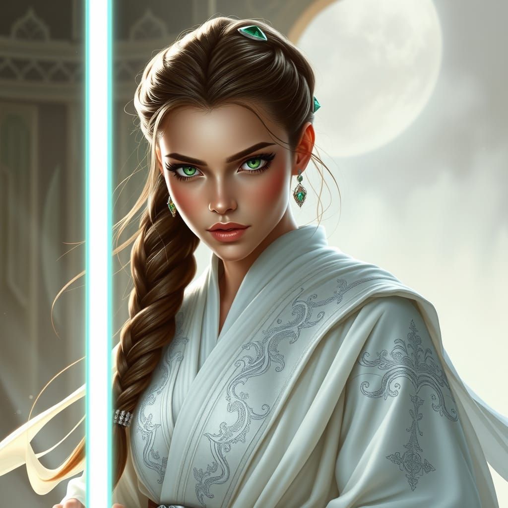 Ethereal Cyberpunk Goddess in Flowing White Robes