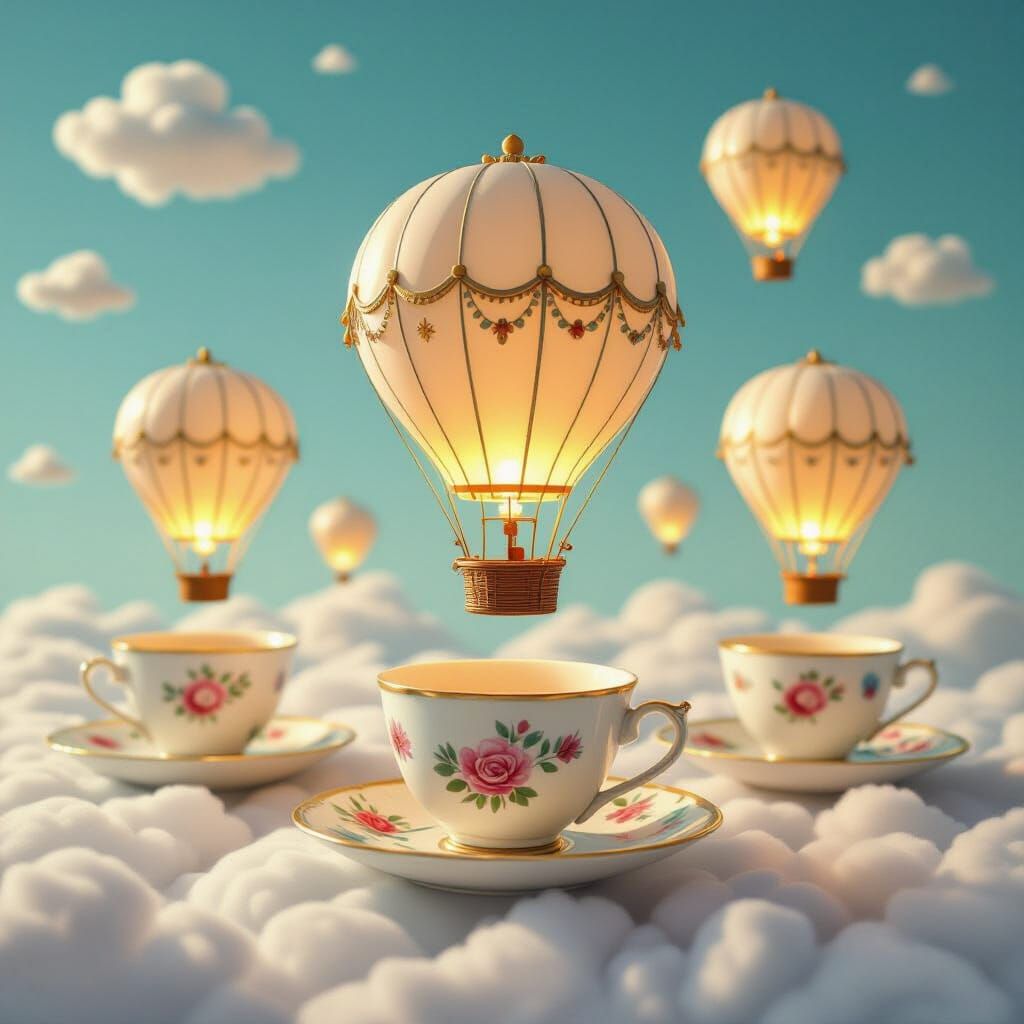 Teacups Become Hot Air Balloons Over Clouds