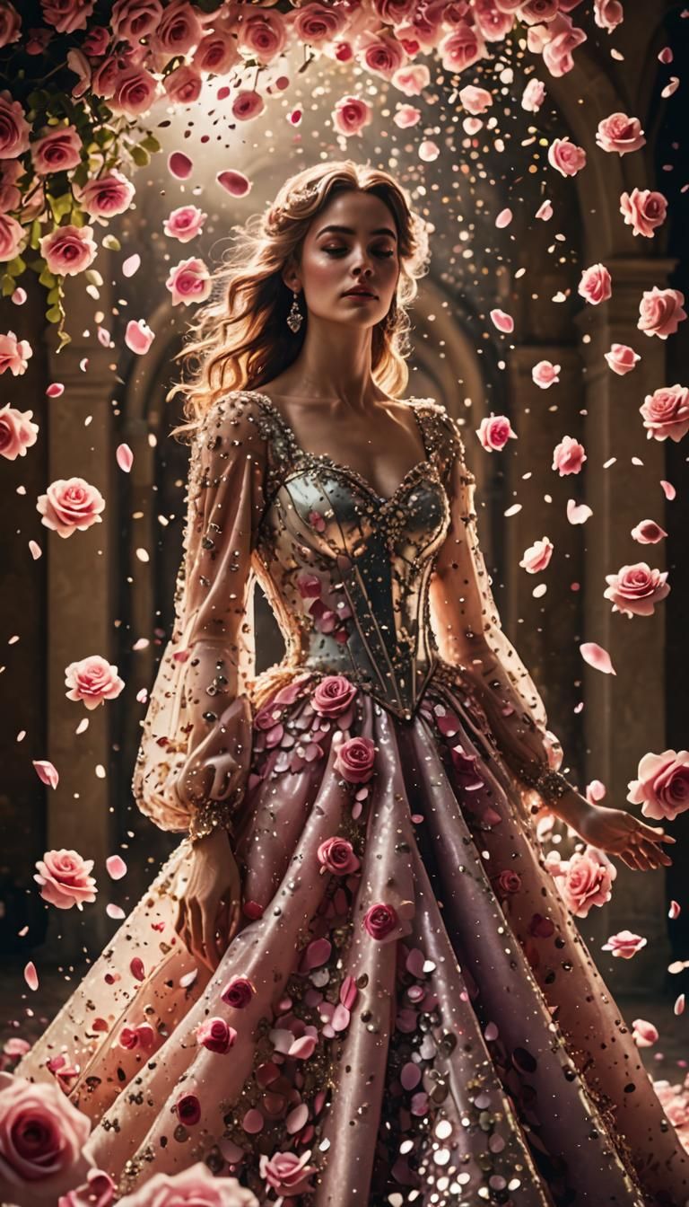 Sparkling Rhinestone Dress with Pink Roses in Baroque Style