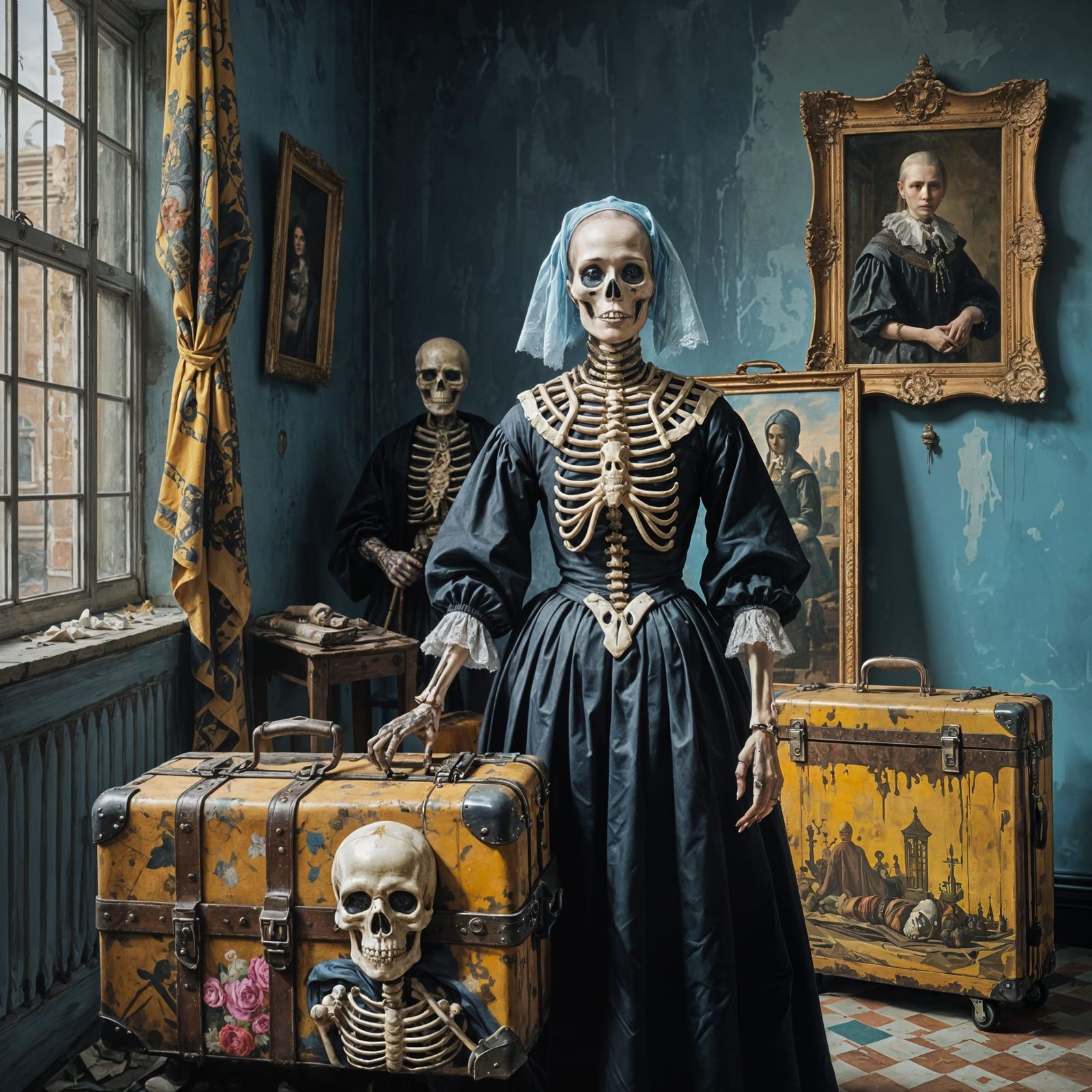 Putin with Skeletons in Kokoshniks, Vermeer Style