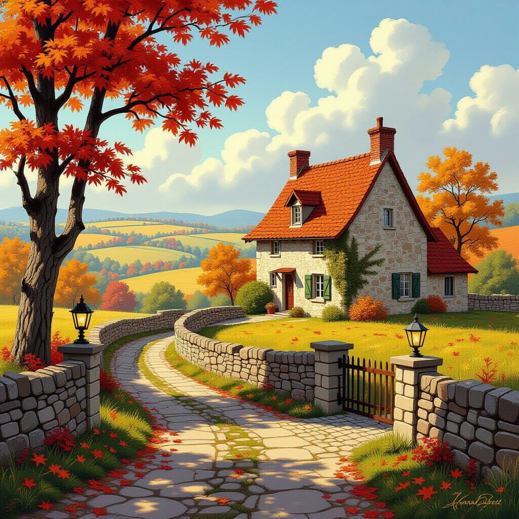 Autumn Landscape with Stone House in Oil Painting Style