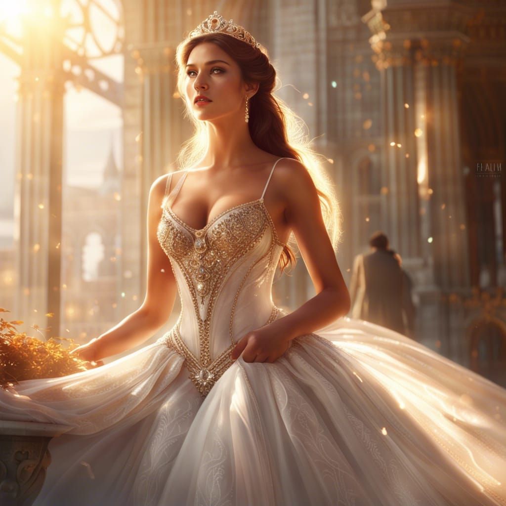 Beauty in White Princess Dress, Ornate Digital Art