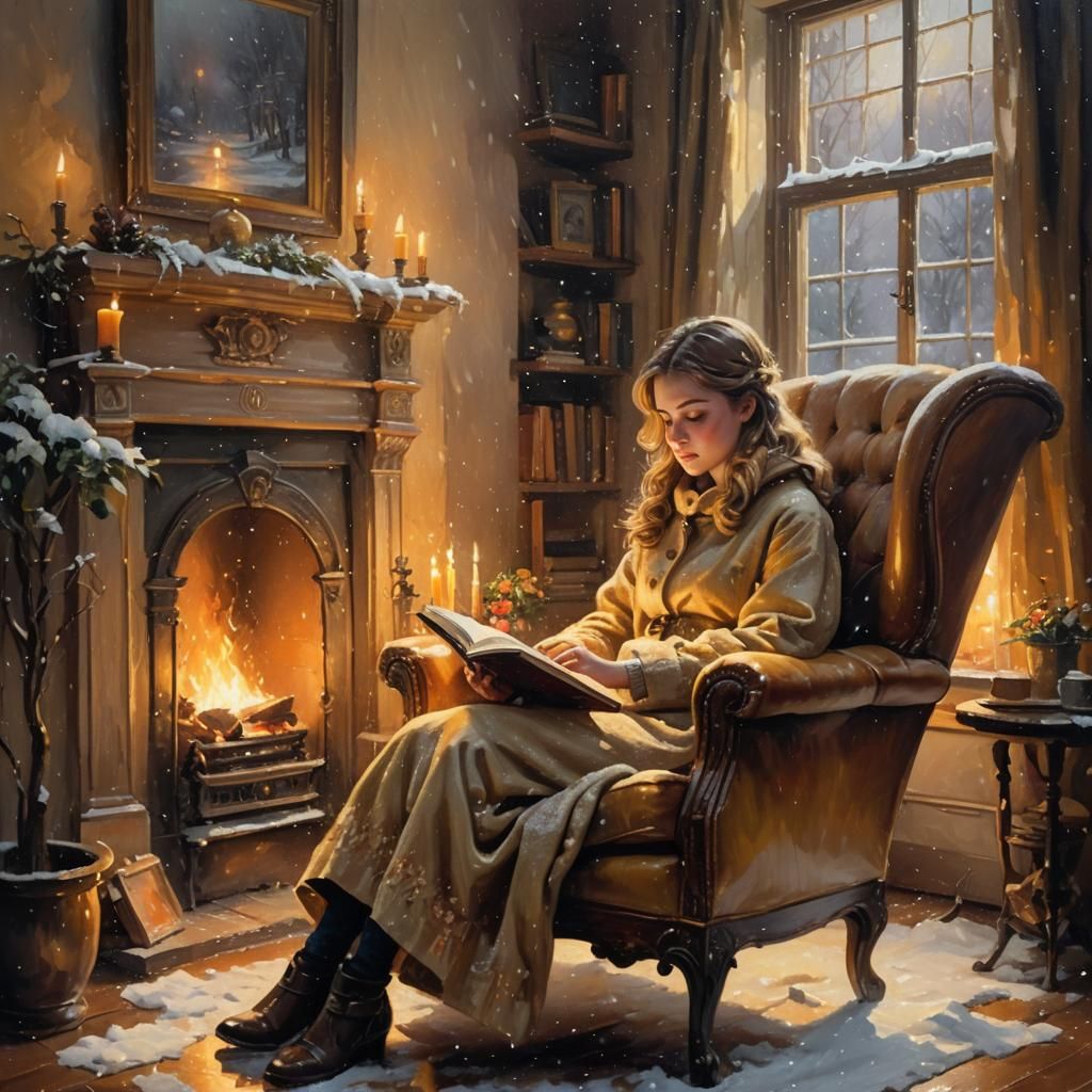 Cozy Winter Evening: Girl Reading, Oil Painting