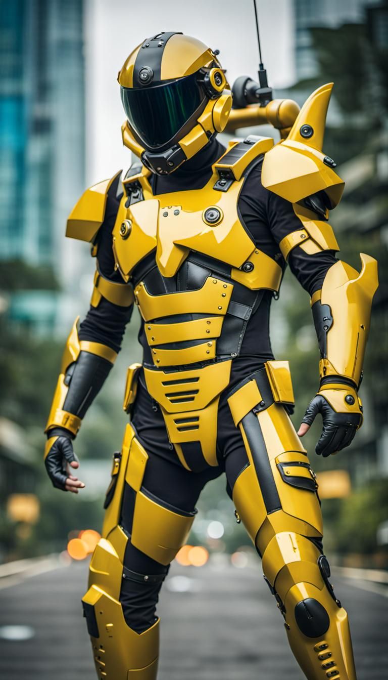 Futuristic Yellow Armored Cop with Helicopter Motif