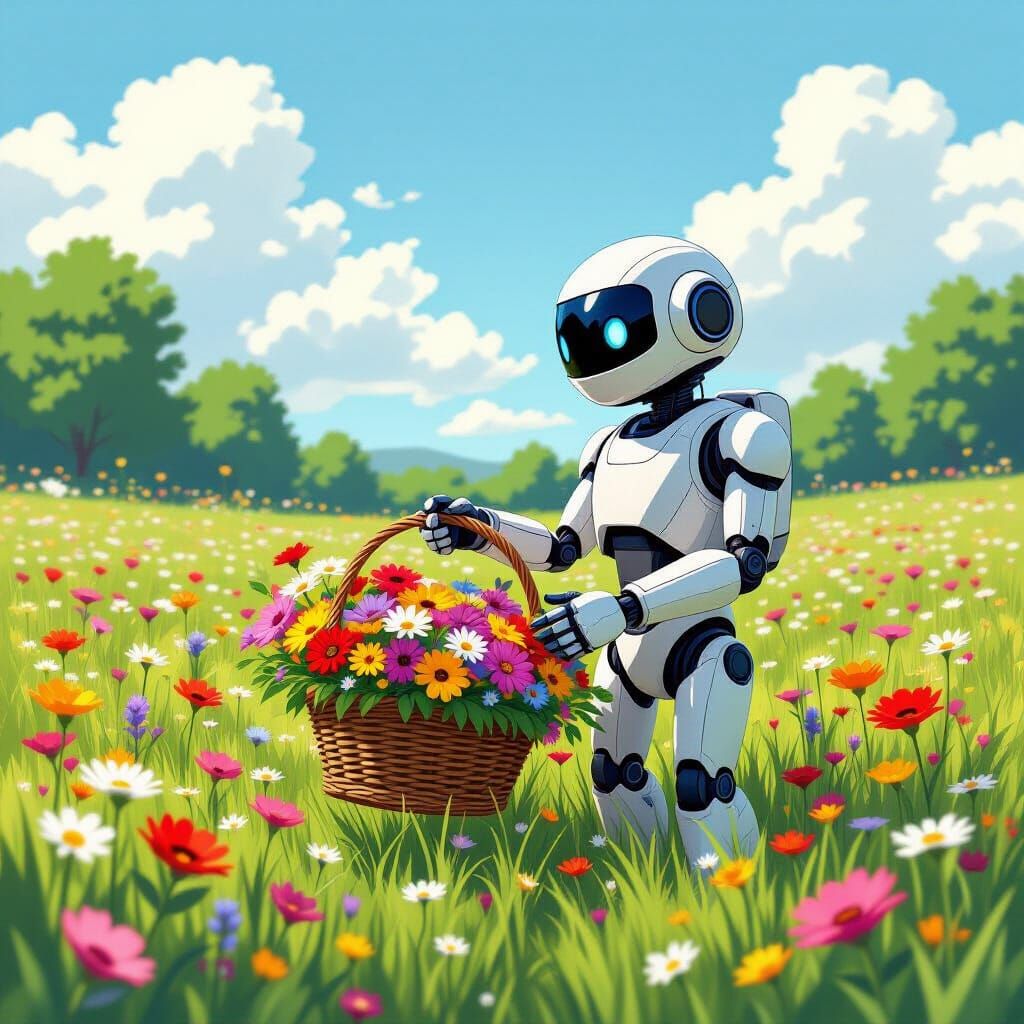 Robot Gathers Flowers in Lush Meadow