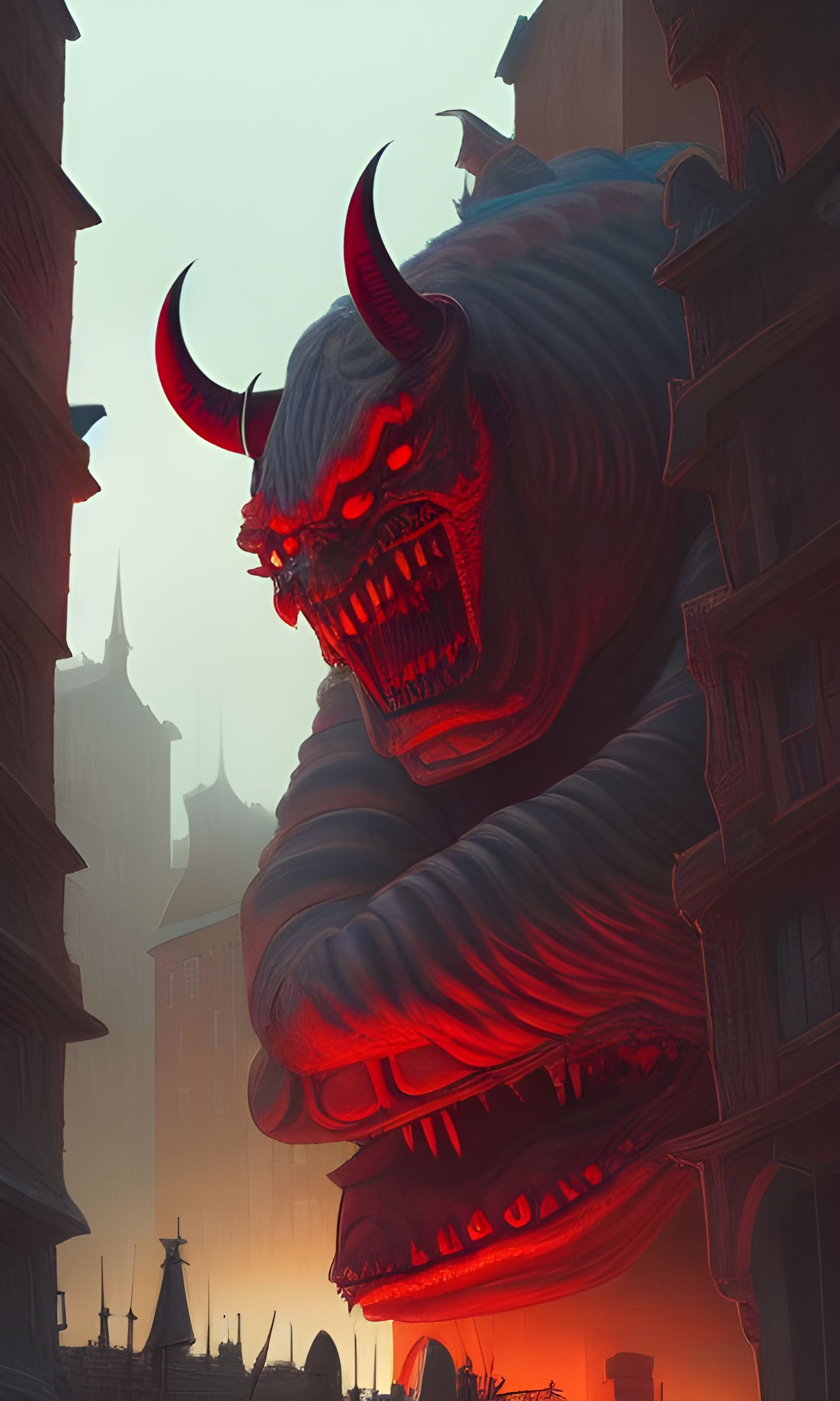 Oni Demon in Medieval City, Hyperdetailed Illustration