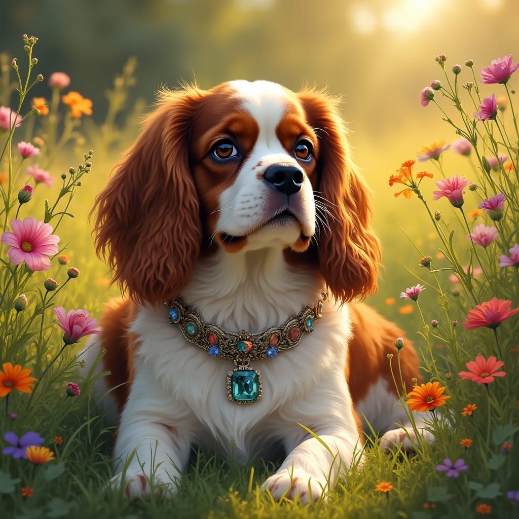 Regal King Charles Spaniel in Lush Wildflower Meadow