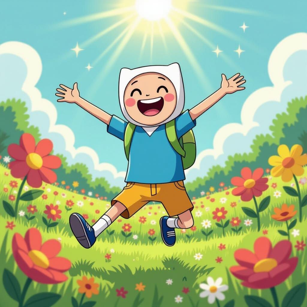 Finn the Human Dancing Joyfully in a Whimsical Meadow