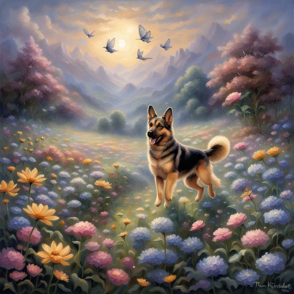 Fairy-Winged Dog Soaring Through a Flower Field