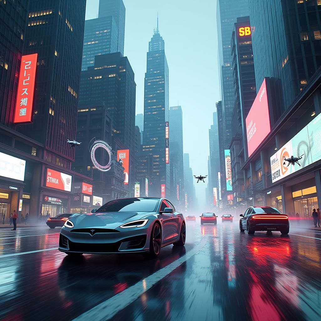 Futuristic Metropolis with Tesla Cars in Cyberpunk Style