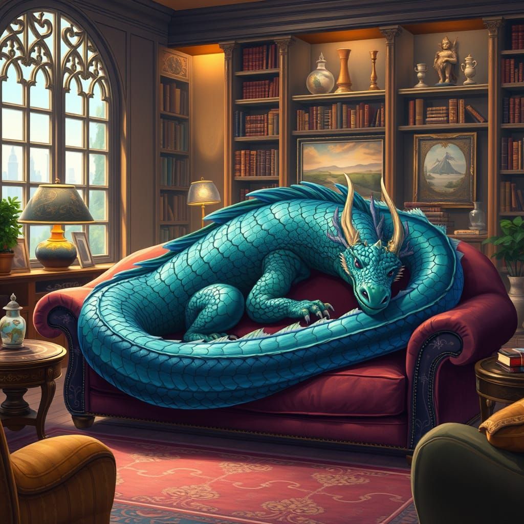 Dragon in Whimsical Living Room Illustration