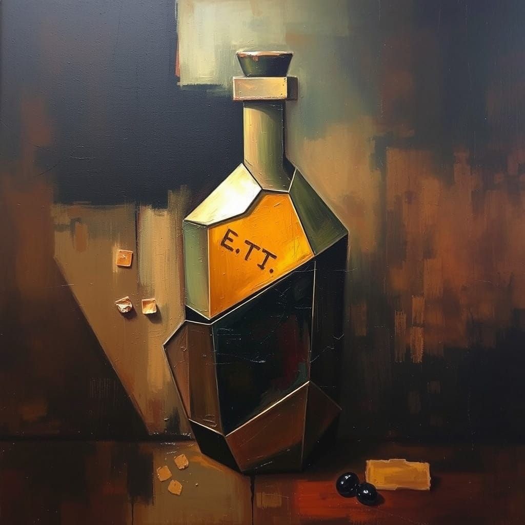 It depicts angular abstract forms potion bottle.  It's done with oil paint in dark, warm colors.