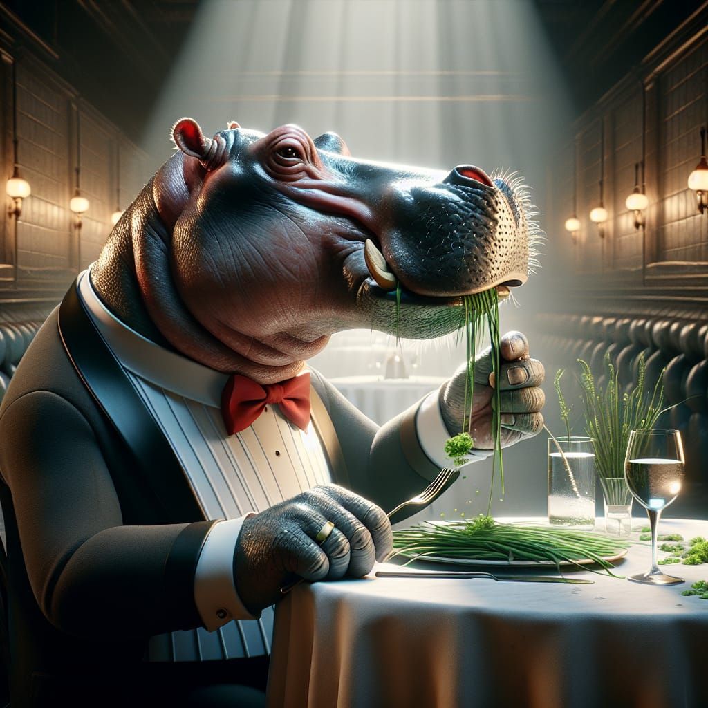 Hippo in Tuxedo at Fine Dining Restaurant