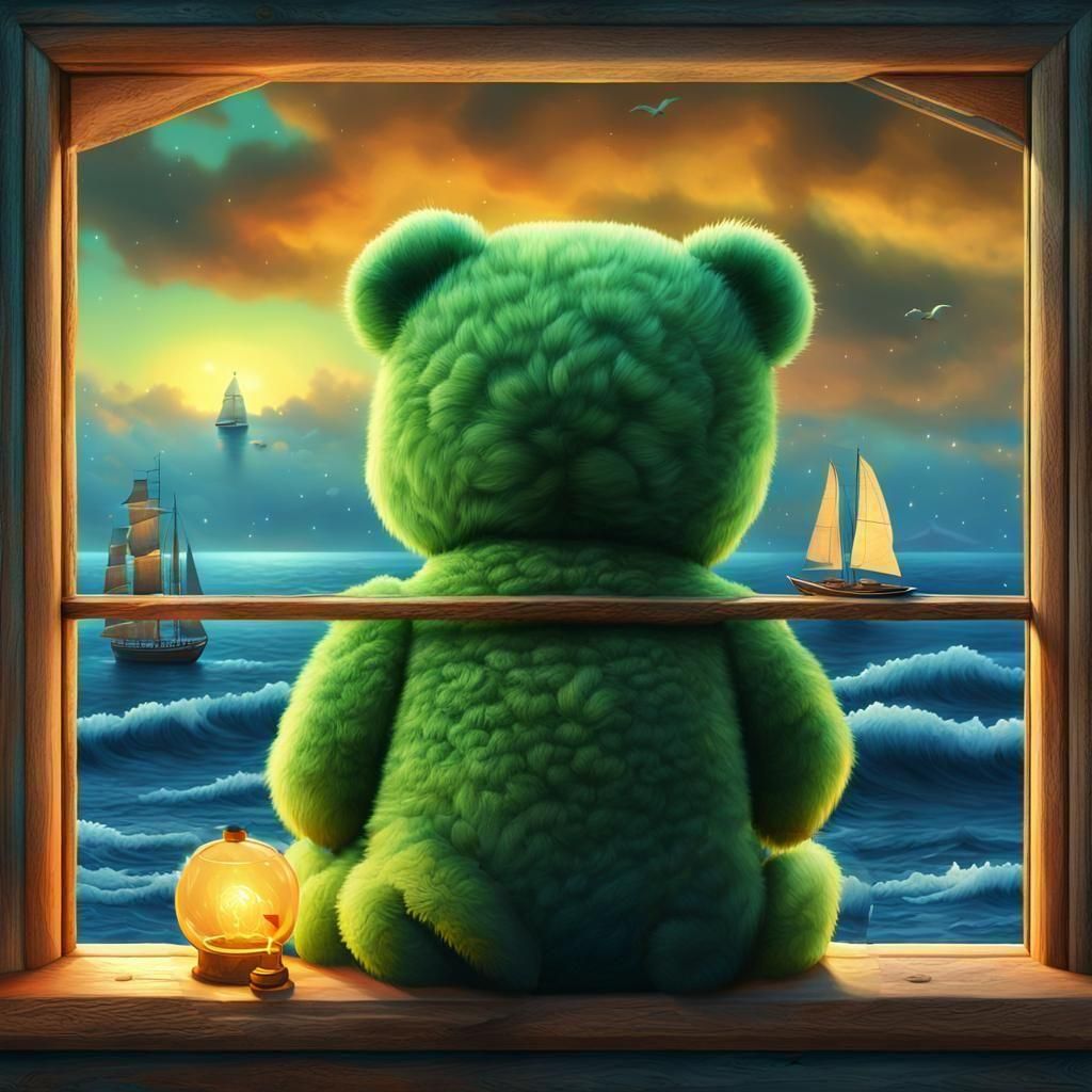 Green Teddy Bear Overlooking Sea: Detailed Matte Painting