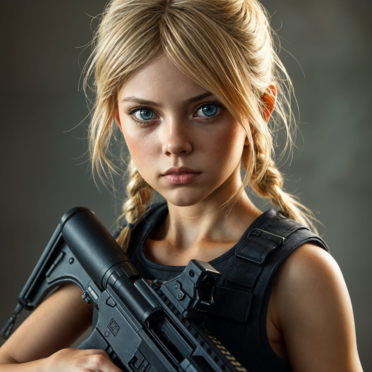 Tween Girl Portrait with AR-15 in Splash Art Style