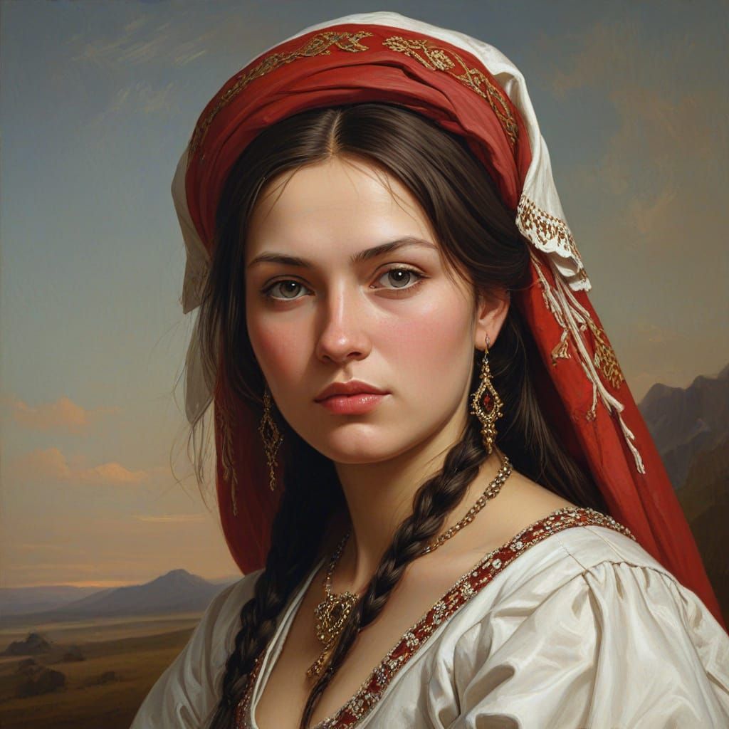 Russian Cossack Woman Portrait in Classical Oil Painting Sty...