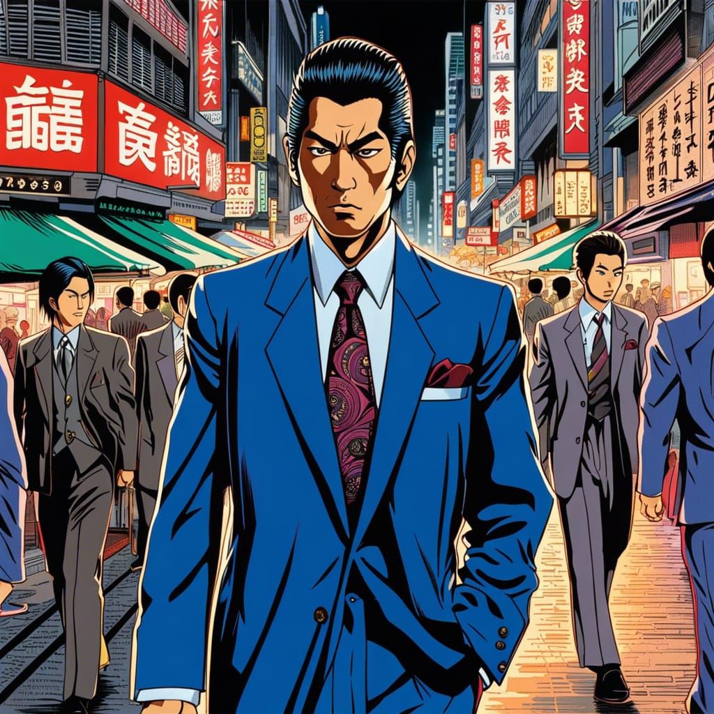 Yakuza in 1980s Japanese City, Anime Style