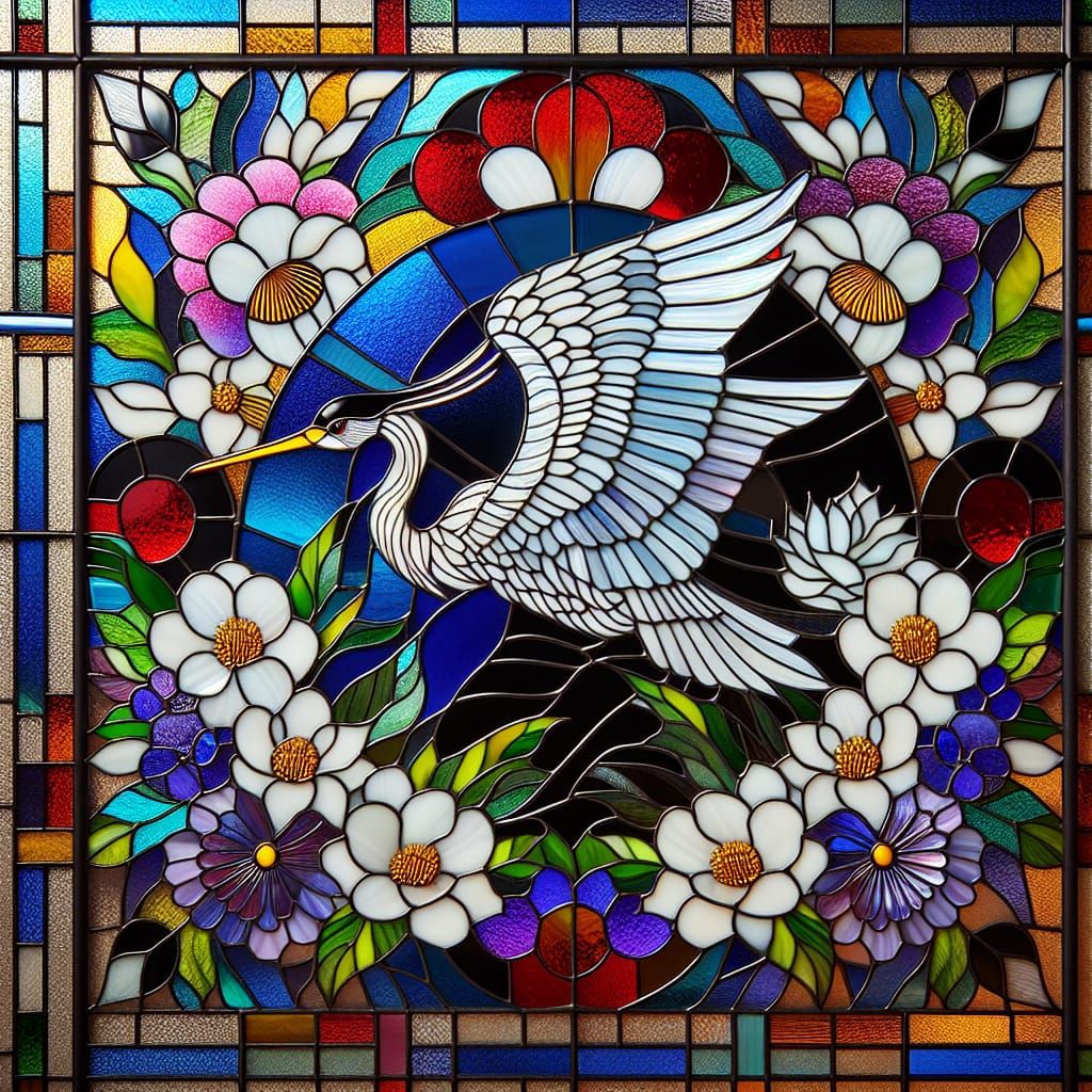Crane and White Flowers in Stained Glass Art