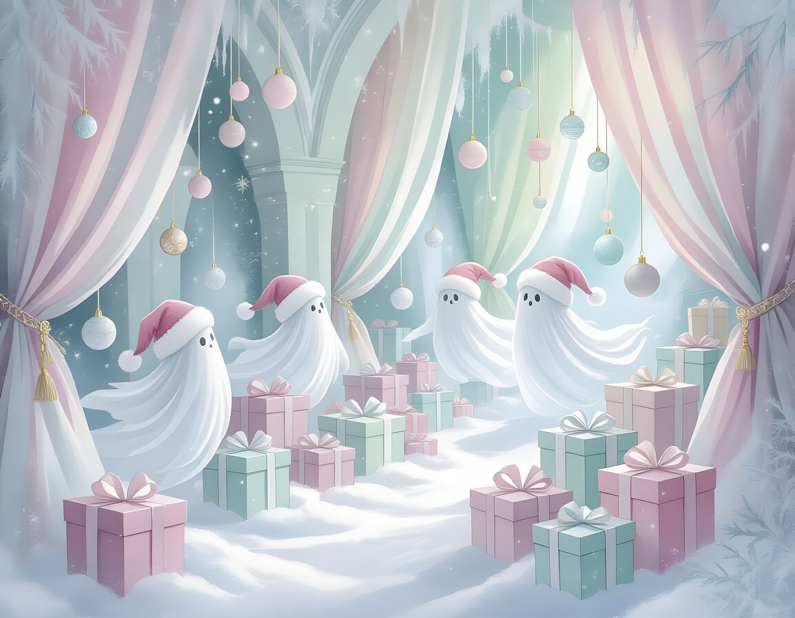 Dreamy Pastel Christmas Crypt with Ethereal Spirits