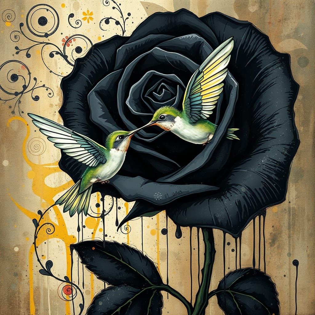 "black rose tattoo with hummingbird"