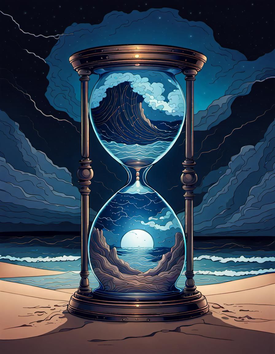 Hourglass with Storm in Desert, Stylized Illustration