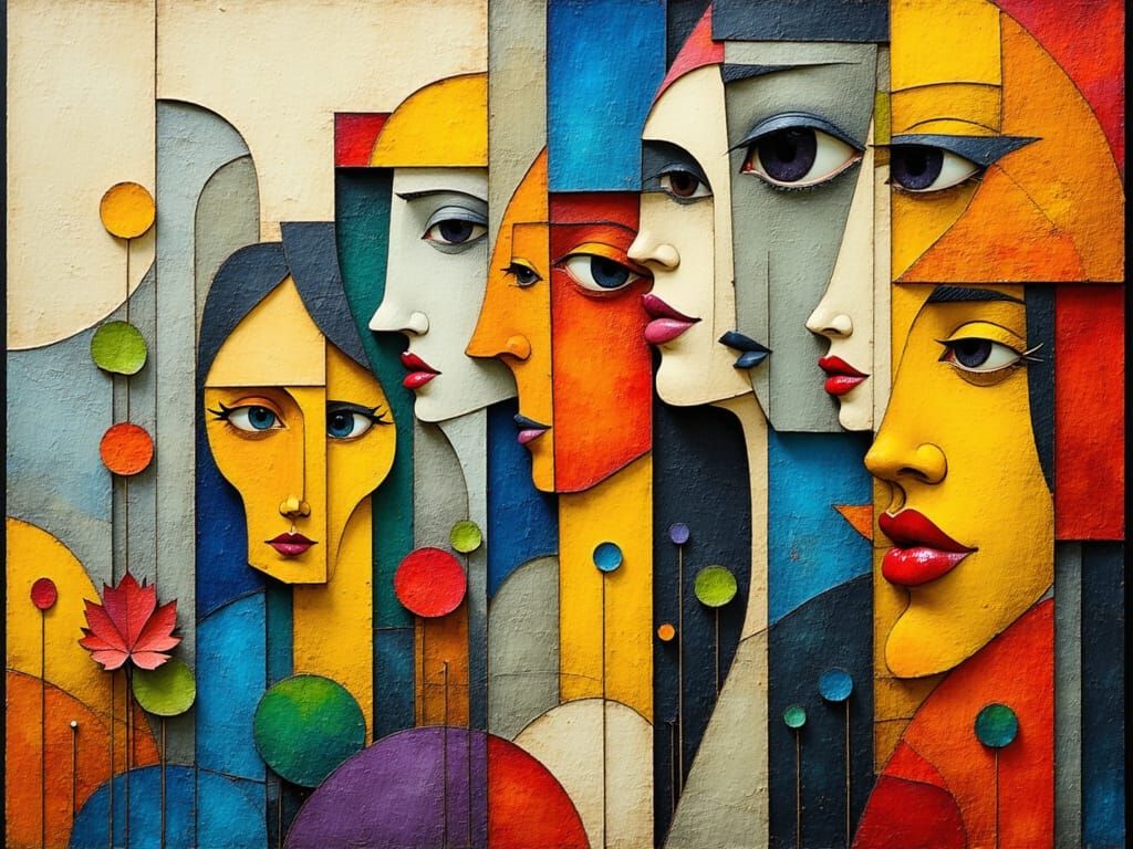 Cubist Cityscape of Faces in Surreal Collage