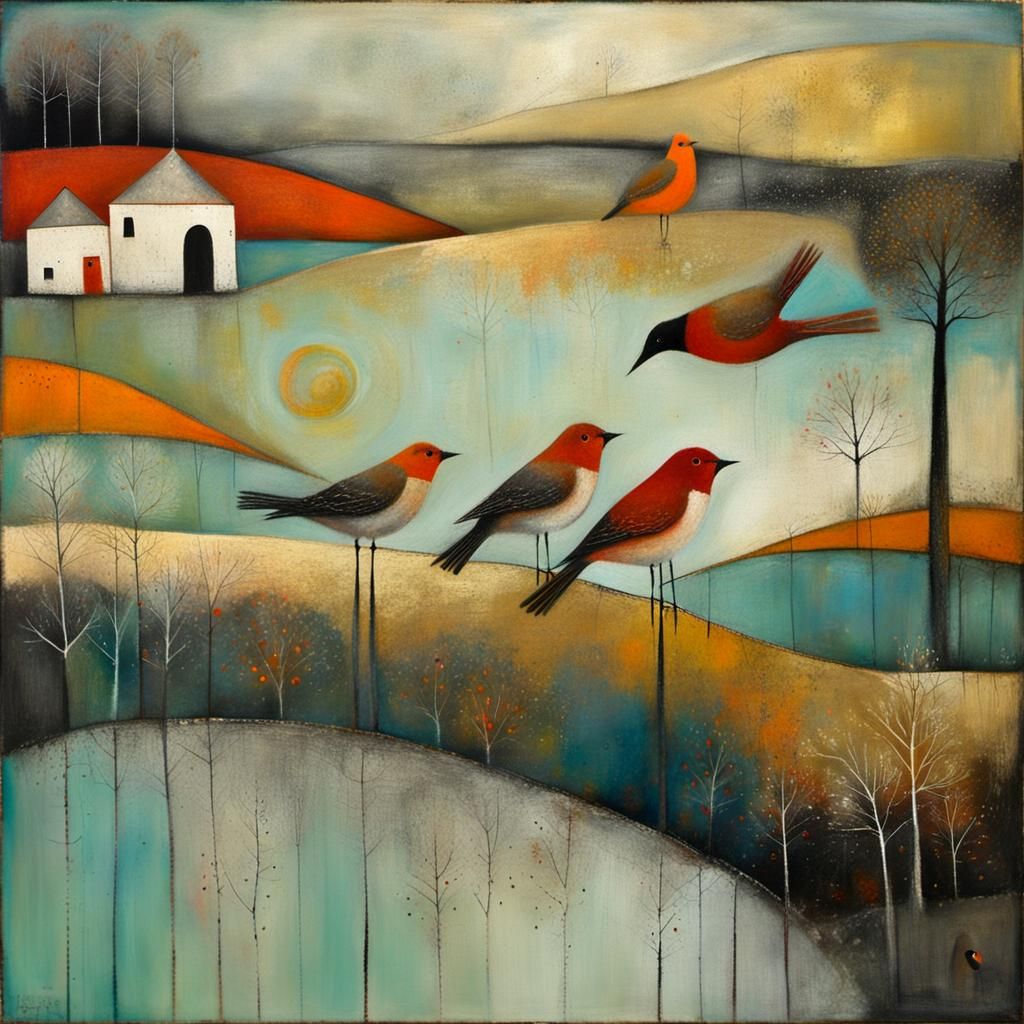 Abstract Bird Art in Complementary Colors