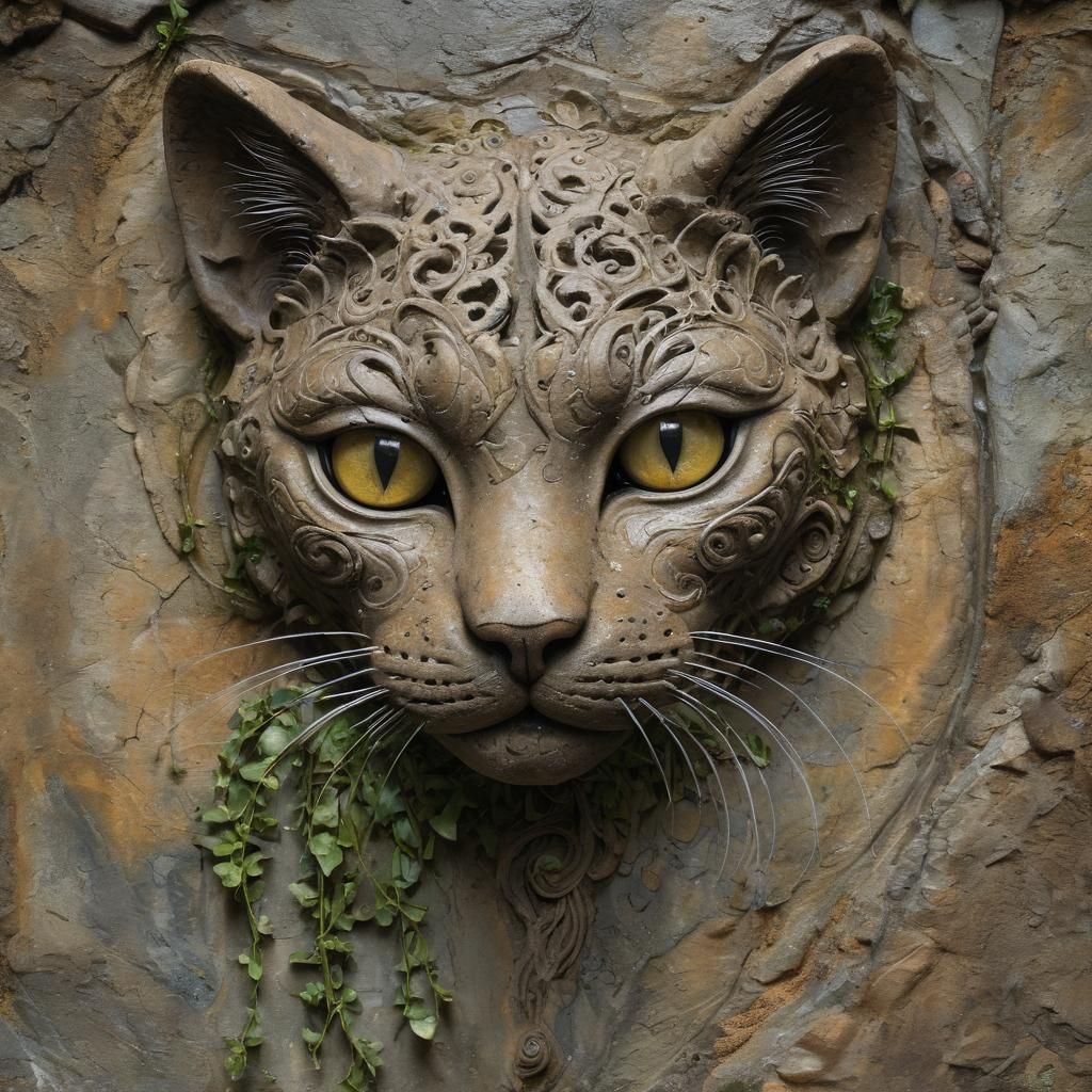 Celestial Cat Sculpture with Waterfall in Oil Painting