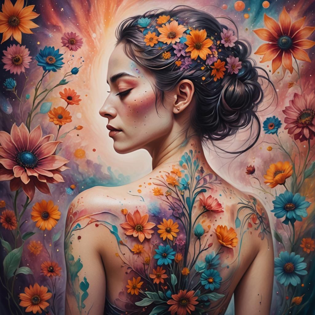 Cosmic Floral Tattoo: Surreal Expressionistic Concept Art