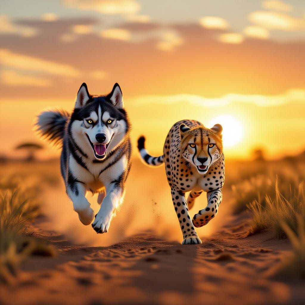 Husky and Cheetah Race on Savanna at Golden Hour