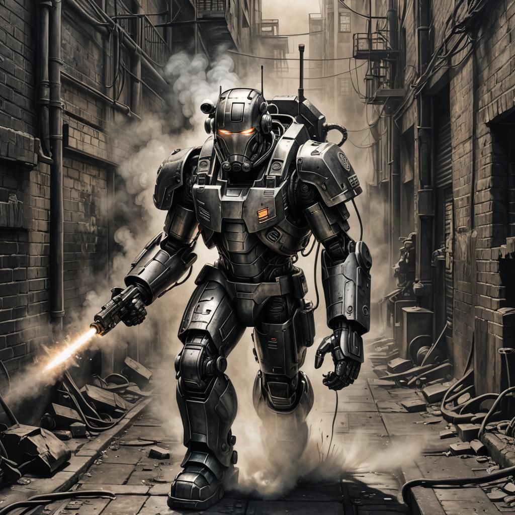 War Machine in Dimly Lit Alley as Charcoal Drawing