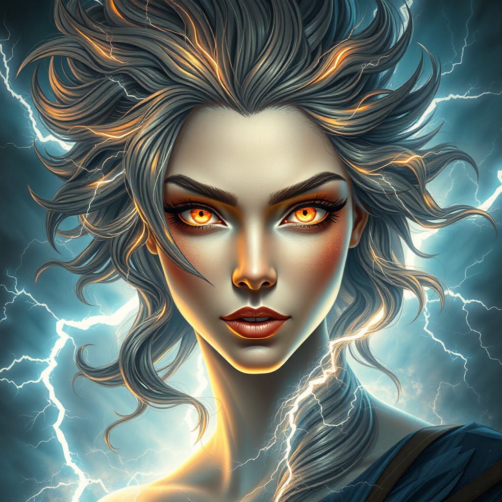 Ethereal Lightning Goddess with Luxuriant Hair and Glowing E...