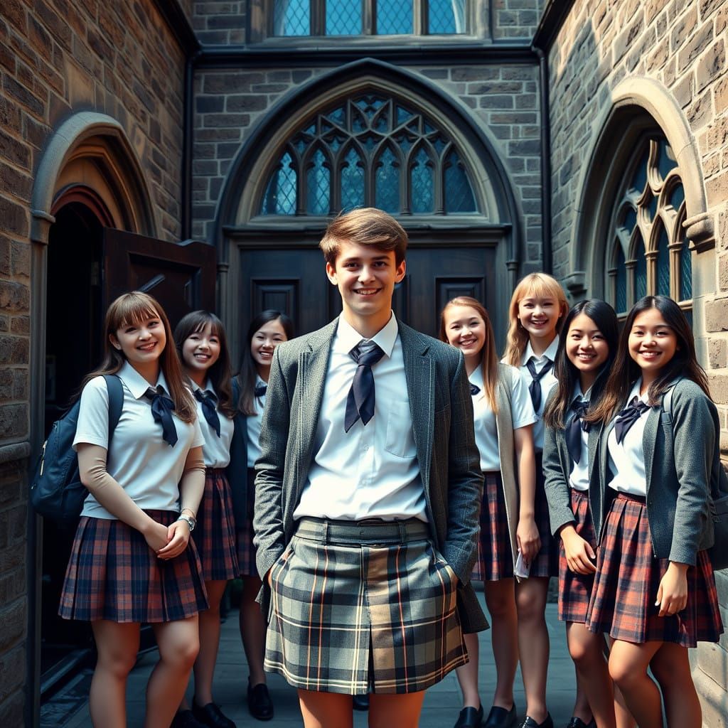 Whimsical British Schoolboy Crossdressing in Traditional Fem...