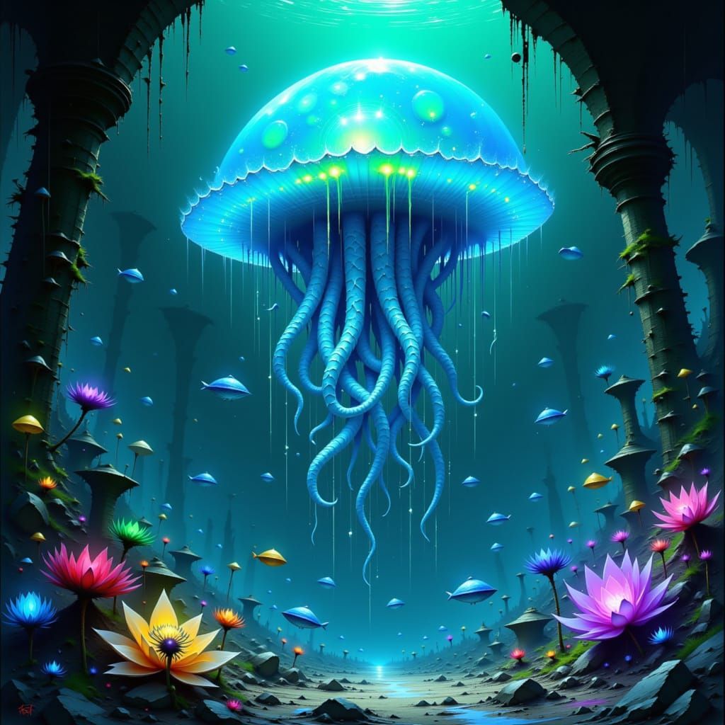 Bioluminescent Jellyfish Drifting Through Sunken City Ruins