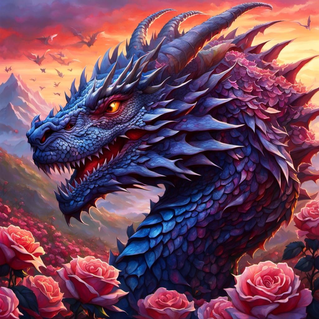 Fierce Dragon in Rose Mountain: Fantasy Art