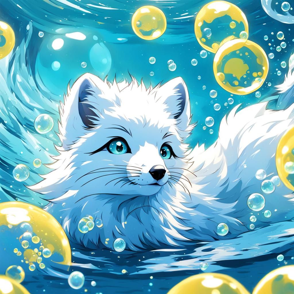 baby arctic fox, swimming in water