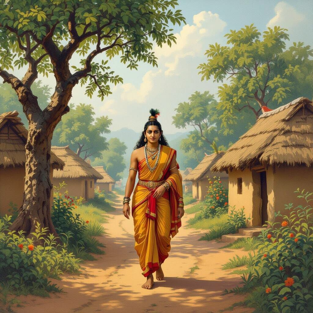 Narada Walks Through a Village in Indian Art Style