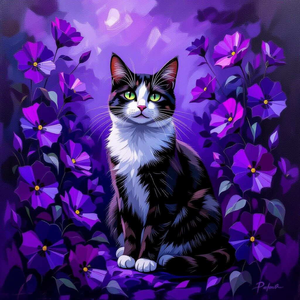 Vibrant Cat Among Violet Flowers in Baroque Style