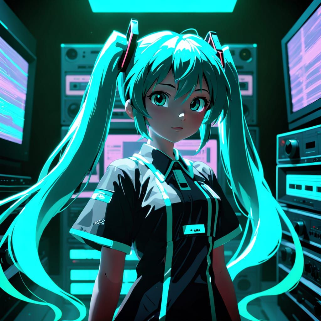 Hatsune Miku in Static Room with VHS Glitch Effects