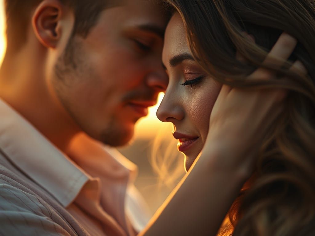 Romantic Moment in Golden Sunset Glow