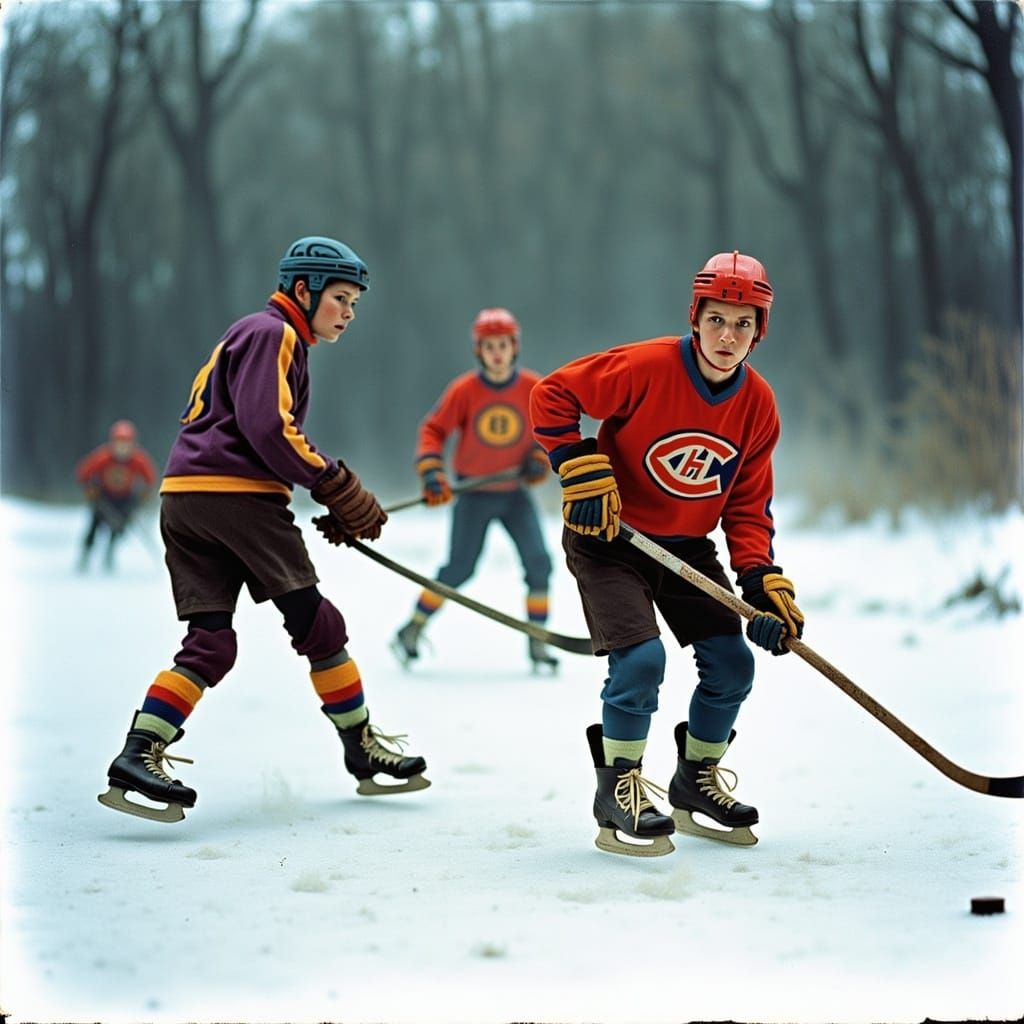 Boys Play Ice Hockey in Vibrant Illustration