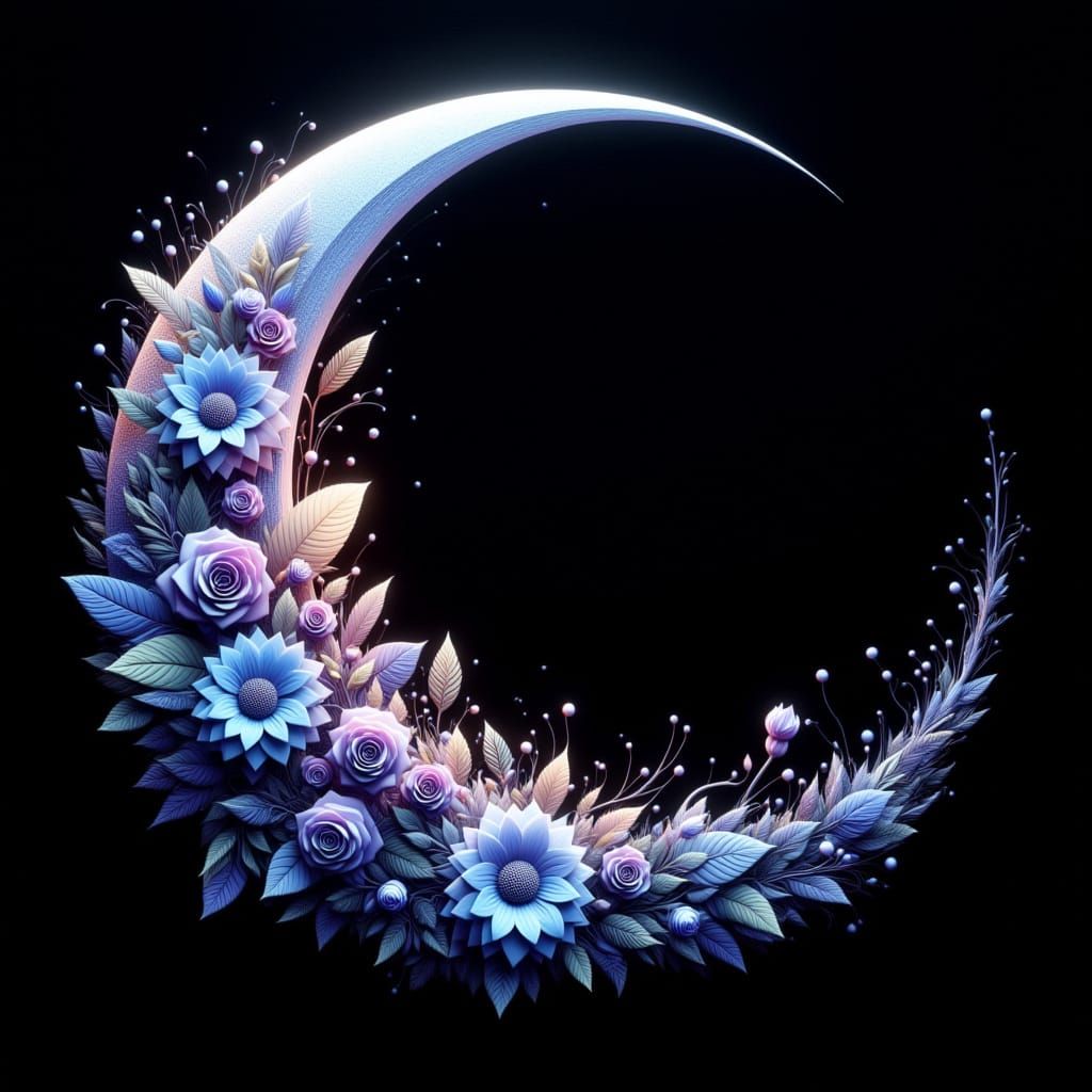 Extravagant Floral Crescent Moon in Impasto Style