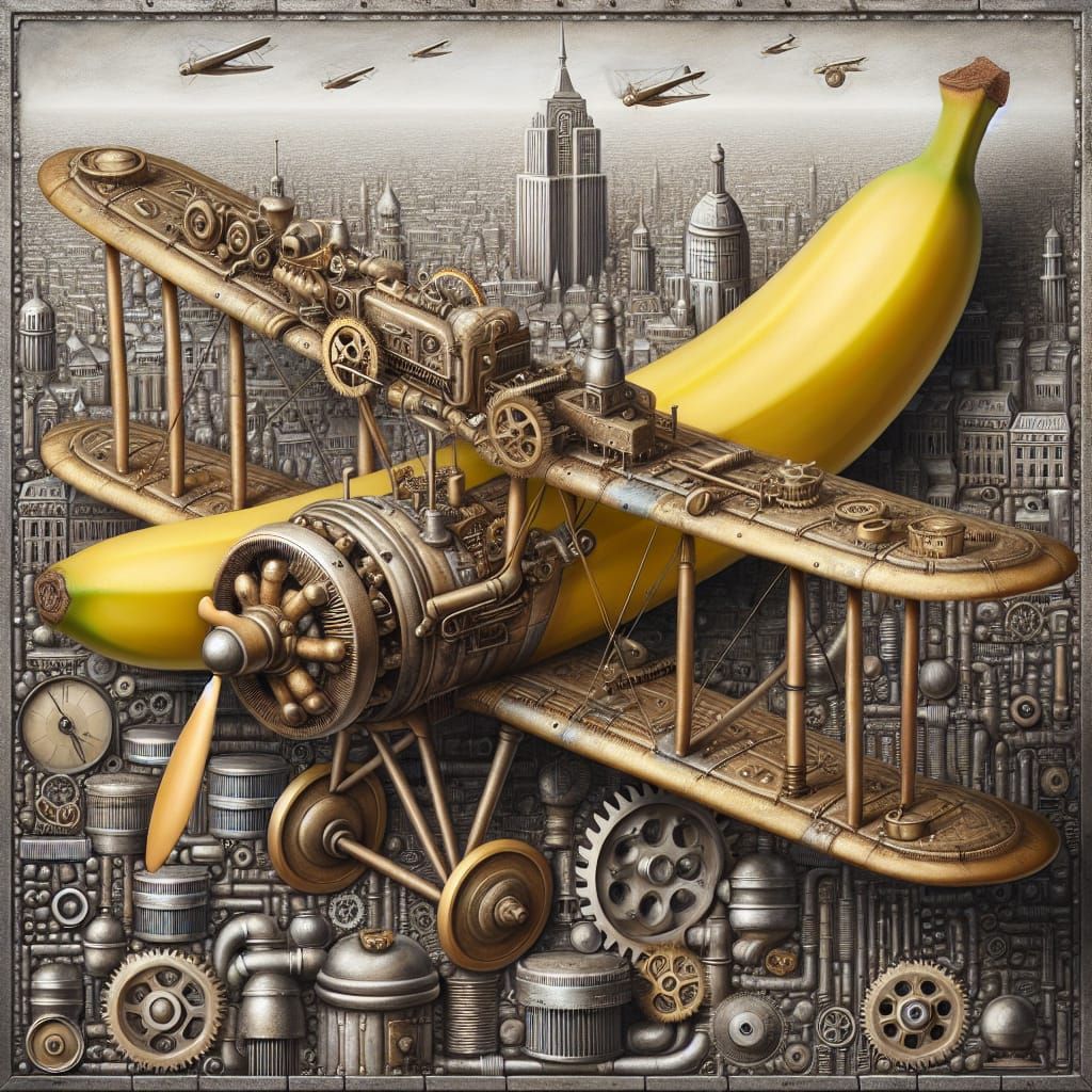 Banana Airplane Soaring Over Steampunk Cityscape