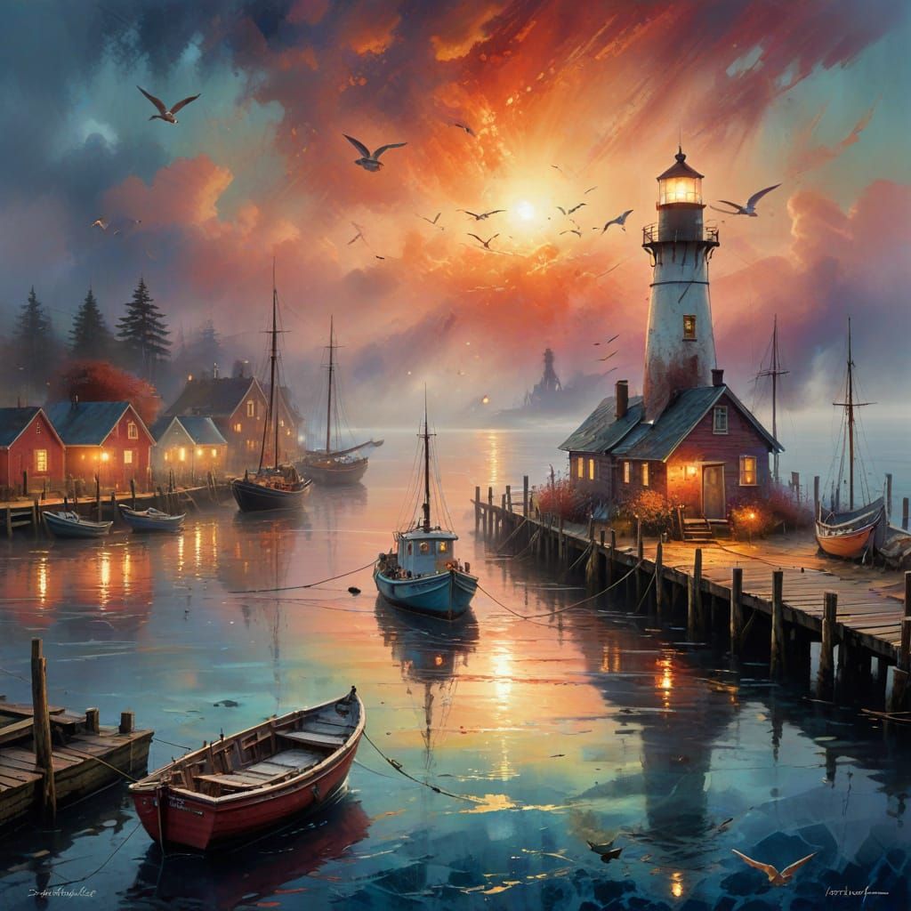 Misty Sunset Fishing Village with Weathered Docks