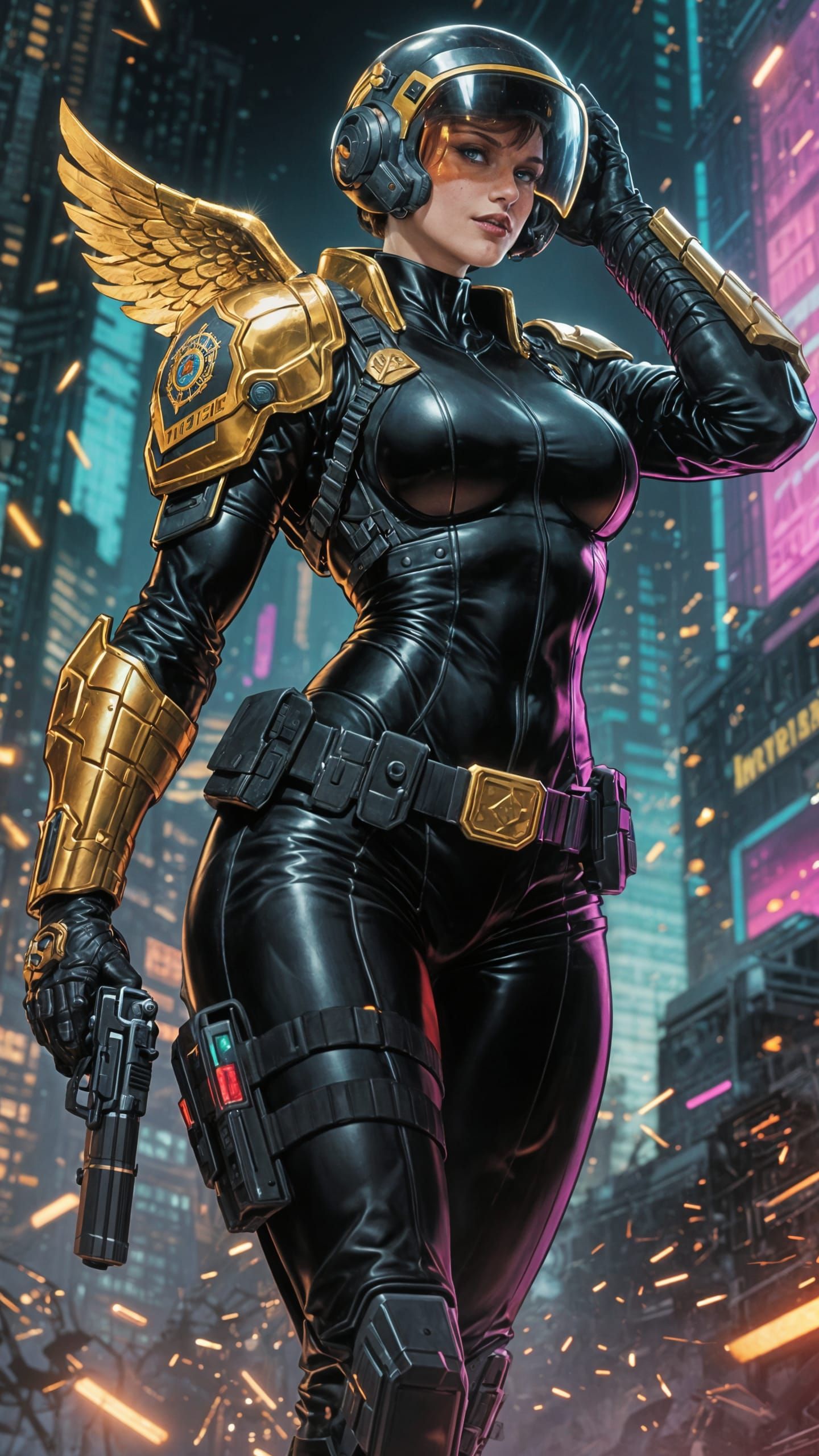 Muscular Female Judge in Cyberpunk Cityscape, Comic Book Art