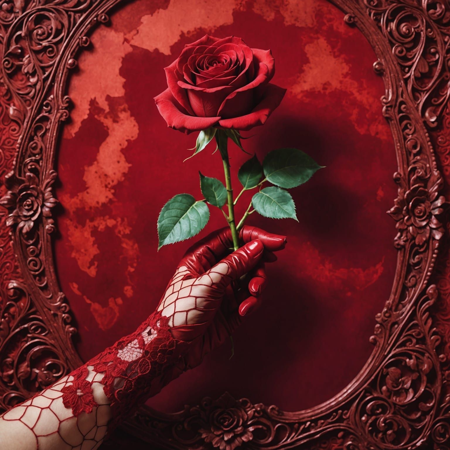 Red Rose in Lace Glove, Alcohol Ink Art